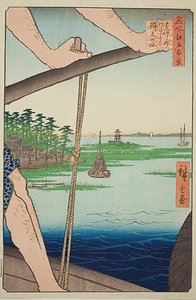 Hanedan lautta ja Bentenin pyhäkkö (Haneda no watashi Benten no yashiro), nro 72 sarjasta "Sata kuuluisaa näkymää Edosta (Meisho Edo hyakkei)". tekijältä Utagawa Hiroshige
