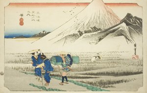 Hara: Fuji-vuori aamulla (Hara, asa no Fuji), sarjasta "Tokaido Roadin viisikymmentäkolme asemaa (Tokaido gojusan tsugi no uchi), joka tunnetaan myös nimellä Hoeido Tokaido tekijältä Utagawa Hiroshige