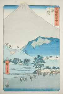 Hara: Näkymä Ashitaka-vuorille ja Fuji-vuorelle (Hara, Ashitakayama Fuji chobo), no. 14 sarjasta "Famous Sights of the Fifty-three Station (Gojusan tsugi meisho zue)", joka tunnetaan myös nimellä Vertical Tokaido tekijältä Utagawa Hiroshige