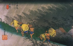 Hiroshige, Matkailijat yllättyvät äkillisestä sateesta tekijältä Utagawa Hiroshige