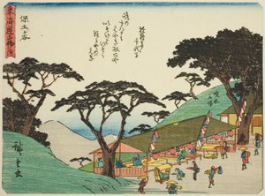 Hodogaya, sarjasta "Fifty-three Stations of the Tokaido (Tokaido gojusan tsugi)", joka tunnetaan myös nimellä Tokaido runolla (Kyoka iri Tokaido) tekijältä Utagawa Hiroshige