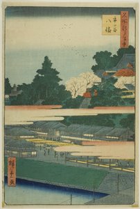 Ichigaya Hachiman -pyhäkkö (Ichigaya Hachiman), sarjasta "Sata kuuluisaa näkymää Edosta (Meisho Edo hyakkei)". tekijältä Utagawa Hiroshige