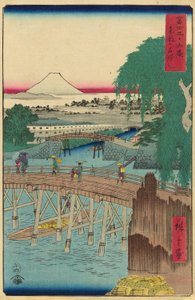 Ichikoku-silta itäpääkaupungissa (Toto Ichikokubashi), sarjasta "Kolmekymmentäkuusi näkymää Fuji-vuorelle (Fuji sanjurokkei)" tekijältä Utagawa Hiroshige