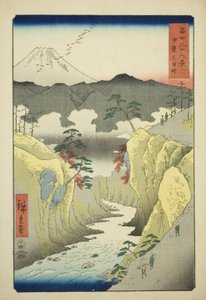 Inumen sola Kain maakunnassa (Kai Inume toge), sarjasta "Kolmekymmentäkuusi näkymää Fuji-vuorelle (Fuji sanjurokkei)" tekijältä Utagawa Hiroshige