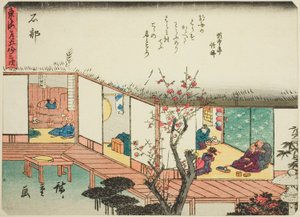Ishibe, sarjasta "Fifty-three Stations of the Tokaido (Tokaido gojusan tsugi)", joka tunnetaan myös nimellä Tokaido runolla (Kyoka iri Tokaido) tekijältä Utagawa Hiroshige