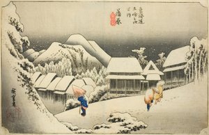 Kanbara: Illan lumi (Kanbara, yoru no yuki), sarjasta "Fifty-three Stations of the Tokaido (Tokaido gojusan tsugi no uchi)," tunnetaan myös nimellä Hoeido Tokaido tekijältä Utagawa Hiroshige