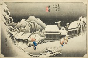 Kanbara: Illan lumi (Kanbara, yoru no yuki), sarjasta "Fifty-three Stations of the Tokaido (Tokaido gojusan tsugi no uchi)," tunnetaan myös nimellä Hoeido Tokaido tekijältä Utagawa Hiroshige