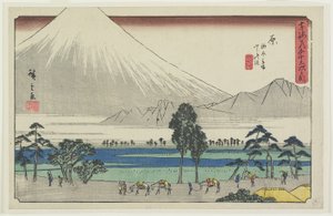 Kashiwaharan lepoalue lammen rannalla, josta on näkymät Fuji-vuorelle, Hara, 1841-1842