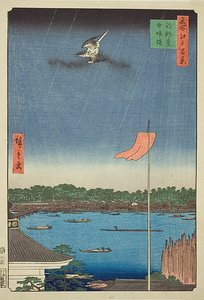 Komagata-sali ja Azuman silta (Komagatado Azumabashi), nro 62 sarjasta "Sata kuuluisaa näkymää Edosta (Meisho Edo hyakkei)". tekijältä Utagawa Hiroshige