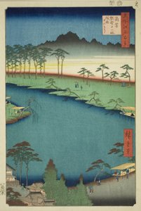 Kumano Junisha -pyhäkkö Tsunohazussa, joka tunnetaan myös nimellä Juniso (Tsunohazu Kumano Junisha, zokusho Juniso), sarjasta "Sata kuuluisaa näkymää Edosta (Meisho Edo hyakkei)" tekijältä Utagawa Hiroshige