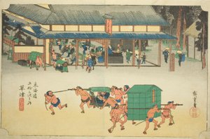 Kusatsu: Kuuluisa postitalo (Kusatsu, Meibutsu tateba), sarjasta "Fifty-three Stations of the Tokaido (Tokaido gojusan tsugi no uchi)," tunnetaan myös nimellä Hoeido Tokaido tekijältä Utagawa Hiroshige
