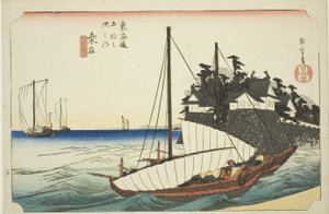 Kuwana: Shichirin lauttaristeyksen laskeutuminen (Kuwana, Shichiri watashiguchi), sarjasta "Tokaidon viisikymmentäkolme asemaa (Tokaido gojusan tsugi no uchi)", joka tunnetaan myös nimellä Hoeido Tokaido tekijältä Utagawa Hiroshige