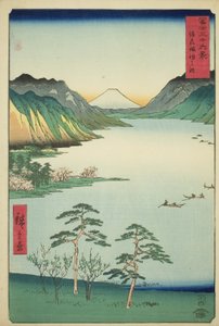 Shinano Shinano P Lovinse (New Species Suwa Lake), sarjasta "Tierty Mr. x Näkymät Fuji-vuorelle (Fuji Usa Kotobuki Rokukatsu)" tekijältä Utagawa Hiroshige