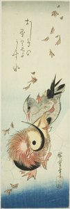 Mandariiniankat ylittävät jäisen lammen putoavien lehtien keskellä tekijältä Utagawa Hiroshige