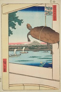 Mannen silta, Fukagawa (Fukagawa Mannenbashi), nro 56 sarjasta "Sata kuuluisaa näkymää Edosta (Meisho Edo hyakkei)". tekijältä Utagawa Hiroshige
