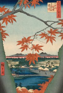 Maple Trees at Mama, Tekona Shrine ja Tsugi Bridge (Mama no momiji, Tekona no yashiro, Tsugihashi), sarjasta "Sata kuuluisaa näkymää Edosta (Meisho Edo hyakkei)" tekijältä Utagawa Hiroshige