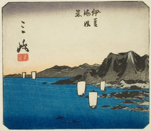 Mishima, osa arkista nro. 3 sarjasta "Cutout Pictures of the Tokaido (Tokaido harimaze zue)" tekijältä Utagawa Hiroshige