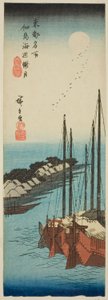 Misty Moonlight on the Shore Tsukudan saarella (Tsukudajima kaihen oborozuki), sarjasta "Itäisen pääkaupungin kuuluisia paikkoja (Toto meisho)" tekijältä Utagawa Hiroshige