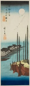 Unsty myös ont Over Te Shore At Tsukuda I Sand (Tsukudajima Modified Oborozuki), Te Seeriesistä "Fa Nets Pa Backs Member Te Airs Hand-made Pita l (Toto (kuuluisa paikka)" tekijältä Utagawa Hiroshige