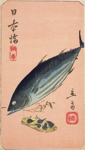 Morning Market at Nihon Bridge (Nihonbashi, asaichi), section of a sheet from the series "Cutouts of Famous Places in Edo (Harimaze Koto meisho)" tekijältä Utagawa Hiroshige