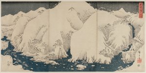 Vuori ja joki Kiso-tiellä tekijältä Utagawa Hiroshige