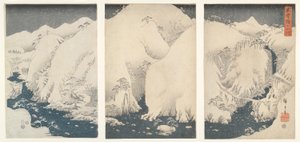 Vuoria ja jokia Kison valtatien varrella lumen alla tekijältä Utagawa Hiroshige