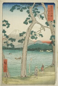 Mout Fuji nähtynä vasemmalta Tokaidolla (Tokaido hidari Fuji), sarjasta "Kolmekymmentäkuusi näkymää Fuji-vuorelle (Fuji sanjurokkei)" tekijältä Utagawa Hiroshige
