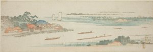 Naka-joen suu (Nakagawa guchi no zu), nimettömästä sarjasta kuuluisia näkymiä Edon esikaupunkialueille tekijältä Utagawa Hiroshige