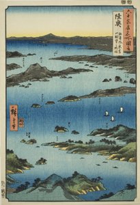 Mutsun maakunta: Näkymä Matsushimasta ja kaukaisesta näköalasta Tomi-vuorelle (Mutsu, Matsushima fukei Tomiyama chobo no ryakuzu), sarjasta "Kuuusia paikkoja kuudenkymmenen parittoman maakunnan alueella (Rokujuyoshu meisho zue)" tekijältä Utagawa Hiroshige