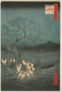 Uudenvuodenaaton kettu tuli muuttuvassa puussa (Ōji shozoku enoki omisoka no kitsunebi), sarjasta Sata kuuluisaa näkymää Edoon (Meisho Edo hyakkei) tekijältä Utagawa Hiroshige