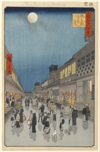 Yönäkymä Saruwaka-machille, nro 90 julkaisusta Sata kuuluisaa Edo-näkymää, 1856 (puupainatus) tekijältä Utagawa Hiroshige