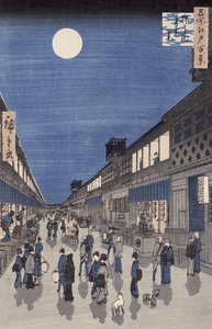 Yönäkymä Saruwaka-kadulle, "Meisho Edo Hyakkei" (Sata näkymää Edoon) (värillinen puupalikkapainatus)