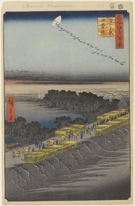 Nihon Embankment, Yoshiwara, nro 100 julkaisusta One Hundred Famous Views of Edo, 1857 (puukiviprintti) tekijältä Utagawa Hiroshige