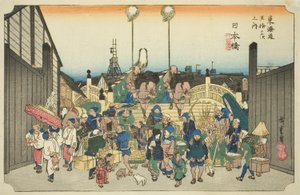 Nihonbashi: Lähtevä kulkue (Nihonbashi, gyoretsu furidashi), sarjasta "Tokaido-tien viisikymmentäkolme asemaa (Tokaido gojusan tsugi no uchi)", joka tunnetaan myös nimellä Hoeido Tokaido tekijältä Utagawa Hiroshige