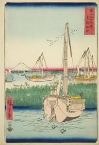 Tsukudan saaren edustalla itäisessä pääkaupungissa (Toto Tsukuda oki), sarjasta "Kolmekymmentäkuusi näkymää Fuji-vuorelle (Fuji sanjurokkei)" tekijältä Utagawa Hiroshige
