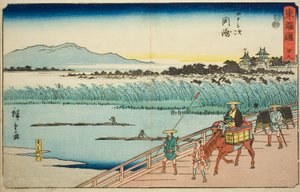 Okazaki: Yahagi River (Okazaki, Yahagigawa) – nro 39, sarjasta "Fifty-three Stations of the Tokaido (Tokaido gojusan tsugi)", joka tunnetaan myös nimellä Reisho Tokaido tekijältä Utagawa Hiroshige