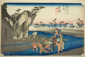 Okitsu: Okitsu-joki (Okitsu, Okitsugawa), sarjasta "Tokaido-tien viisikymmentäkolme asemaa (Tokaido gojusan tsugi no uchi), joka tunnetaan myös nimellä Hoeido Tokaido tekijältä Utagawa Hiroshige