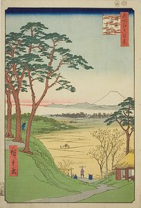 Vanhan miehen teehuone, Meguro (Meguro Jijigachaya), nro 84 sarjasta "Sata kuuluisaa näkymää Edosta (Meisho Edo hyakkei)". tekijältä Utagawa Hiroshige