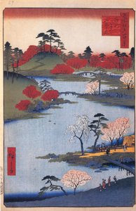 Avoin puutarha Hachiman-pyhäkössä Fukagawassa. Sata kuuluisaa näkemystä Edosta, n. 1858 tekijältä Utagawa Hiroshige