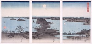 Panoraama Kanazawan näkymistä täysikuun alla, sarjasta "Lumi, kuu ja kukat", 1857 (puupainatus)