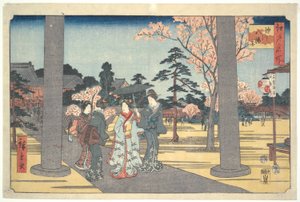 Hachimanin pyhäkössä vierailevat ihmiset: Edon sata kuuluisaa näkymää tekijältä Utagawa Hiroshige