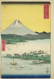 Pine Beach at Miho in Suruga Province (Suruga Miho no matsubara), from the series "Thirty-six Views of Mount Fuji (Fuji sanjurokkei)" tekijältä Utagawa Hiroshige