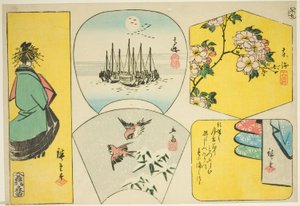 Luumunoksa, Susaki, kurtisaani, varpuset ja vaatteet näytön takana tekijältä Utagawa Hiroshige