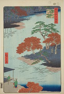 Akiba-pyhäkön esikuvat, Ukeji (Ukeji Akiba no keidai), nro 91 sarjasta "Sata kuuluisaa näkymää Edosta (Meisho Edo hyakkei)". tekijältä Utagawa Hiroshige