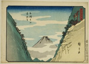 Raigo Valley Oyamassa Sagamin maakunnassa (Sagami Oyama Raigodani), sarjasta "Kolmekymmentäkuusi näkymää Fuji-vuorelle (Fuji sanjurokkei)" tekijältä Utagawa Hiroshige