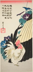 Kukko, sateenvarjo ja aamun loistot tekijältä Utagawa Hiroshige