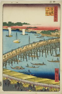 Ryogoku Bridge and the Great Riverbank (Ryogokubashi Okawabata), from the series "One Hundred Famous Views of Edo (Meisho Edo hyakkei)" tekijältä Utagawa Hiroshige