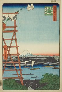 Ryogoku Ekoin ja Moto-Yanagi-silta (Ryogoku Ekoin Moto-Yanagibashi), nro 5 sarjasta "Sata kuuluisaa näkymää Edosta (Meisho Edo hyakkei)". tekijältä Utagawa Hiroshige