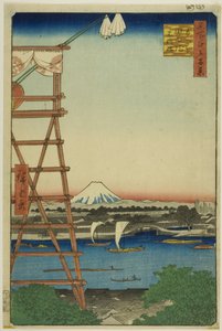 Ryogoku Ekoin ja Moto-Yanagi-silta (Ryogoku Ekoin Moto-Yanagibashi), sarjasta "Sata kuuluisaa näkymää Edosta (Meisho Edo hyakkei)". tekijältä Utagawa Hiroshige