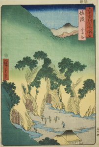 Sadon maakunta: kultakaivokset (Sado, Kinzan), sarjasta "Kuuluisia paikkoja kuudenkymmenen parittoman maakunnan alueella (Rokujuyoshu meisho zue)" tekijältä Utagawa Hiroshige